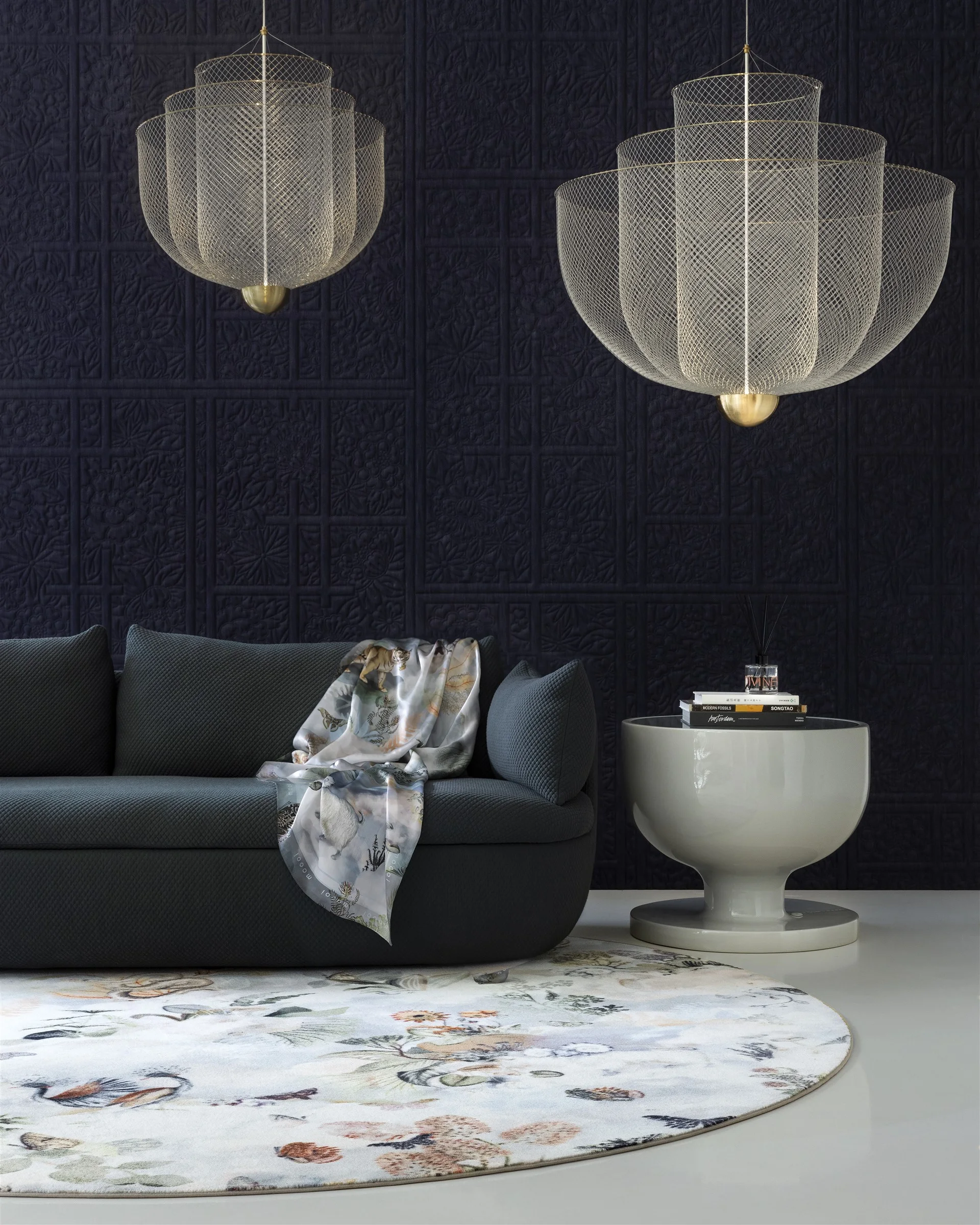 Bart Sofa with a Memento Moooi Medley carpet and Meshmatics chandeliers