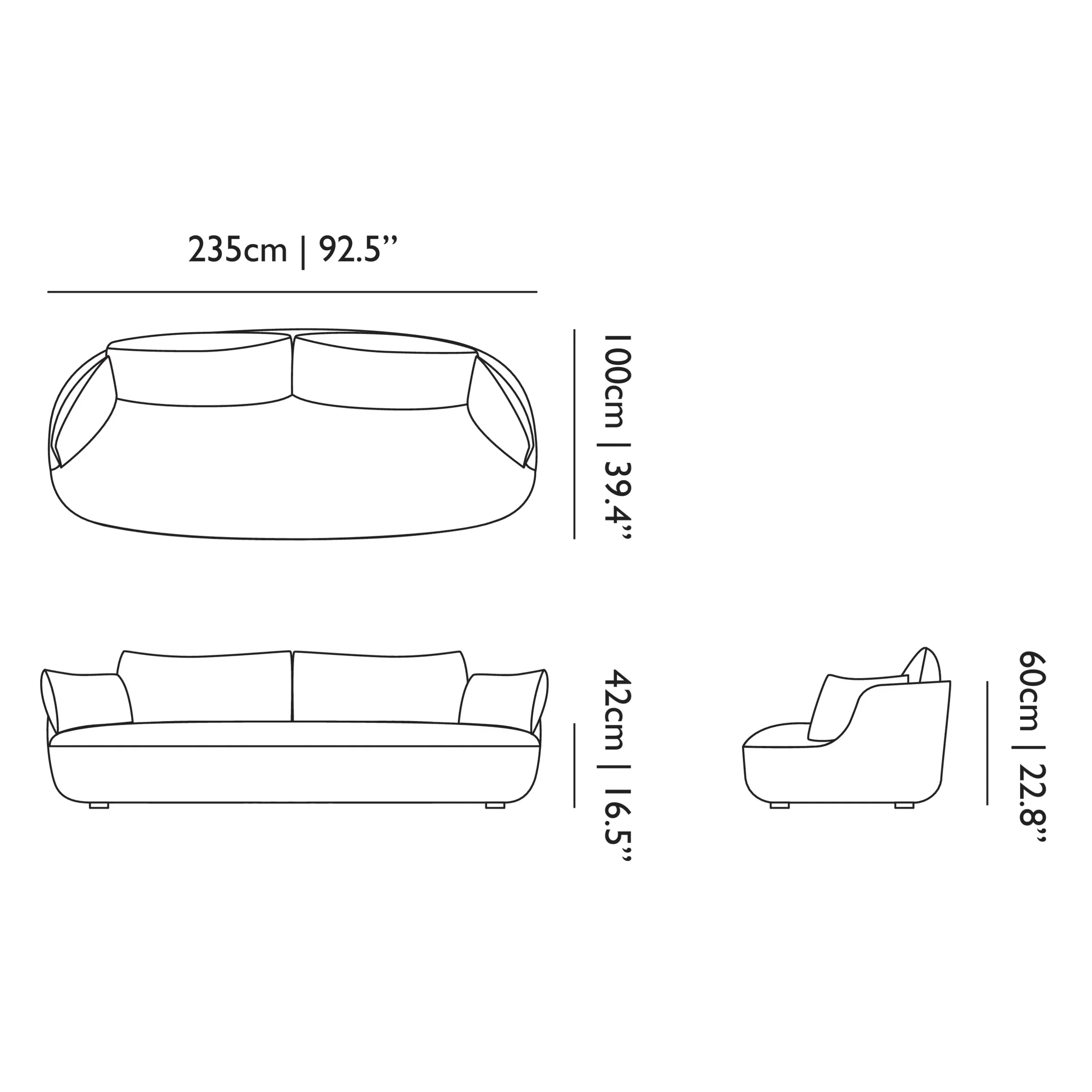 Bart Sofa line drawing with dimensions